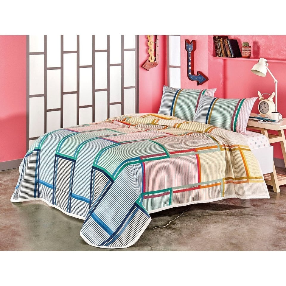 Taç Santana Baskili Tek Kişilik Pike Takımı Vizon