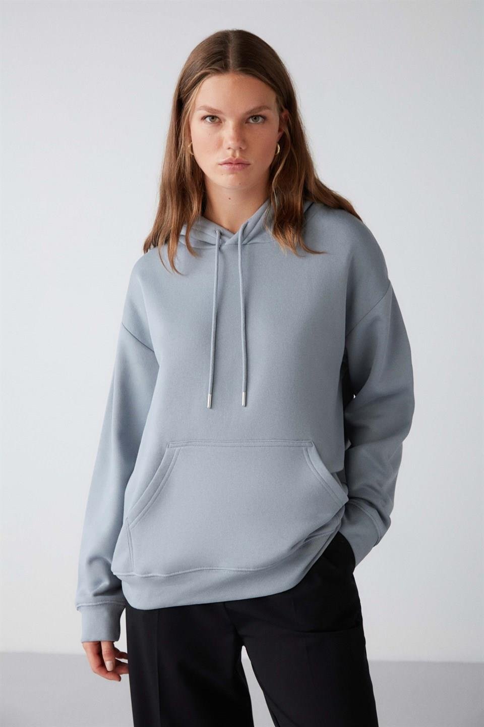 ADEL Kadın İçi Polarlı Yumuşacık Relaxed Örme 3 İplik Kanguru Cepli Kapüşonlu Mavi Sweatshirt
