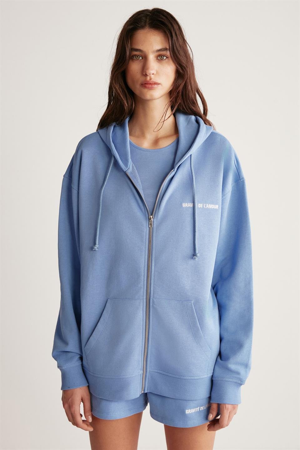 AMETIS Kadın İçi Polarlı Nakış Yazı Detaylı Organik Pamuk Oversize Kapüşonlu Mavi Sweatshirt