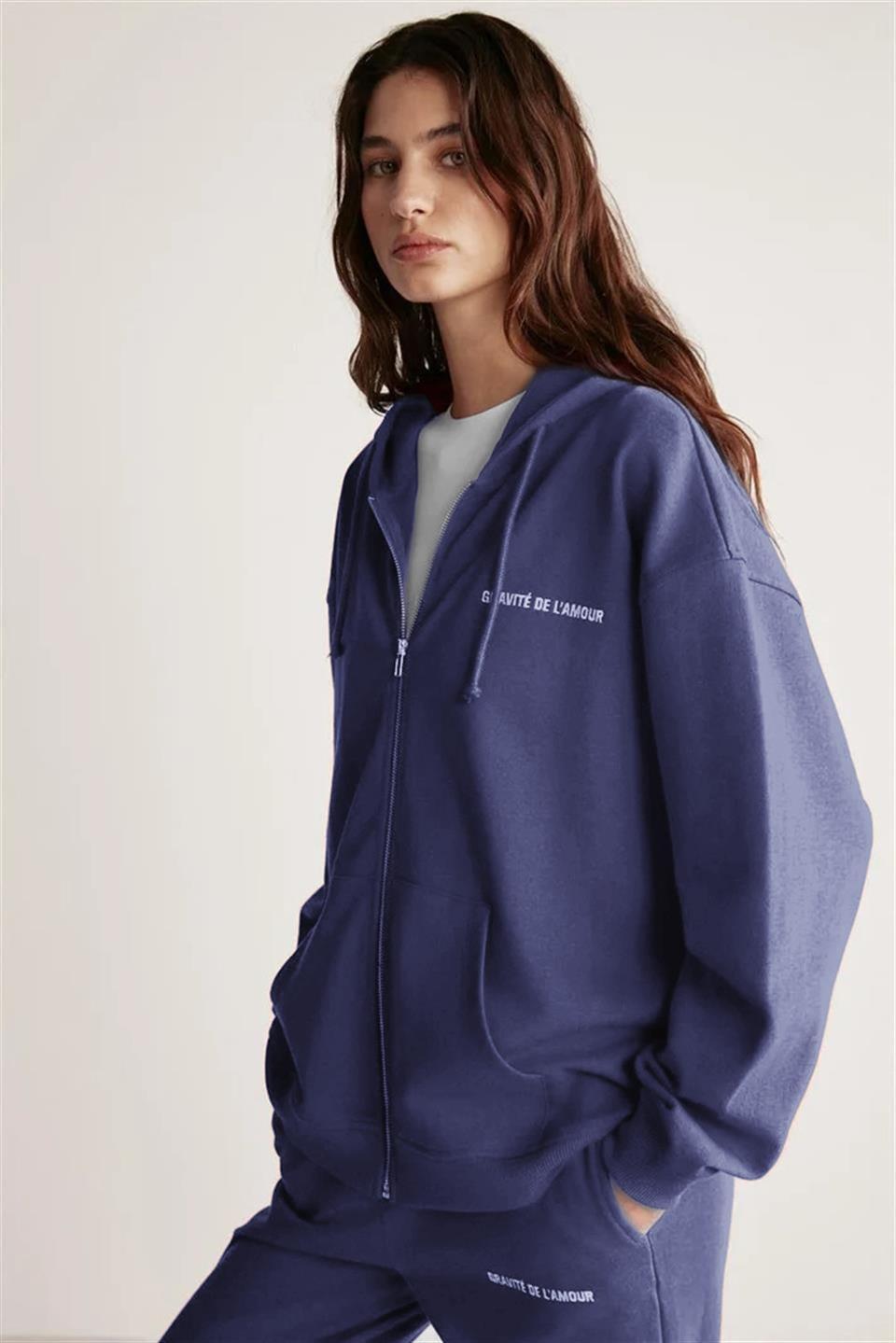 AMETIS Kadın İçi Polarlı Nakış Yazı Detaylı Organik Pamuk Oversize Kapüşonlu Lacivert Sweatshirt
