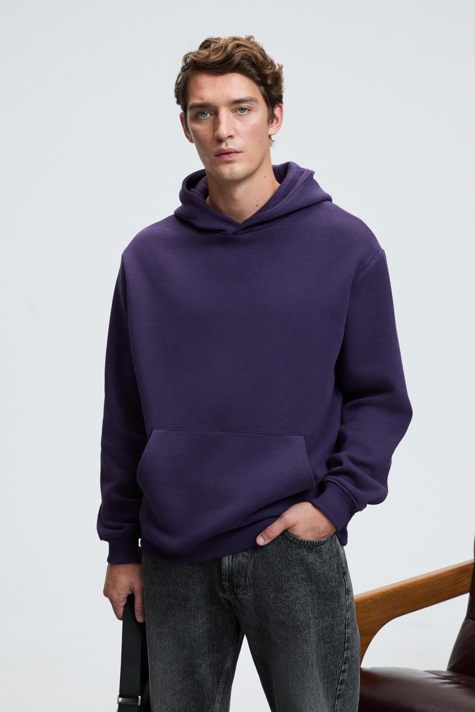 AMOS Erkek Yumuşak Kumaşlı 3 İplik Oversize Kapüşonlu Kanguru Cepli Mor Sweatshirt