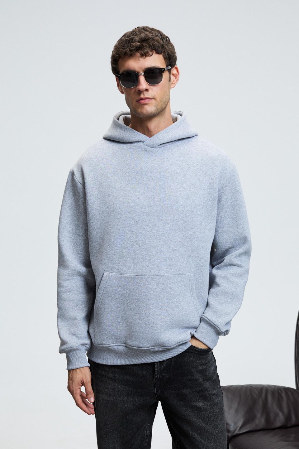 AMOS Erkek Yumuşak Kumaşlı 3 İplik Oversize Kapüşonlu Kanguru Cepli Grimelanj Sweatshirt