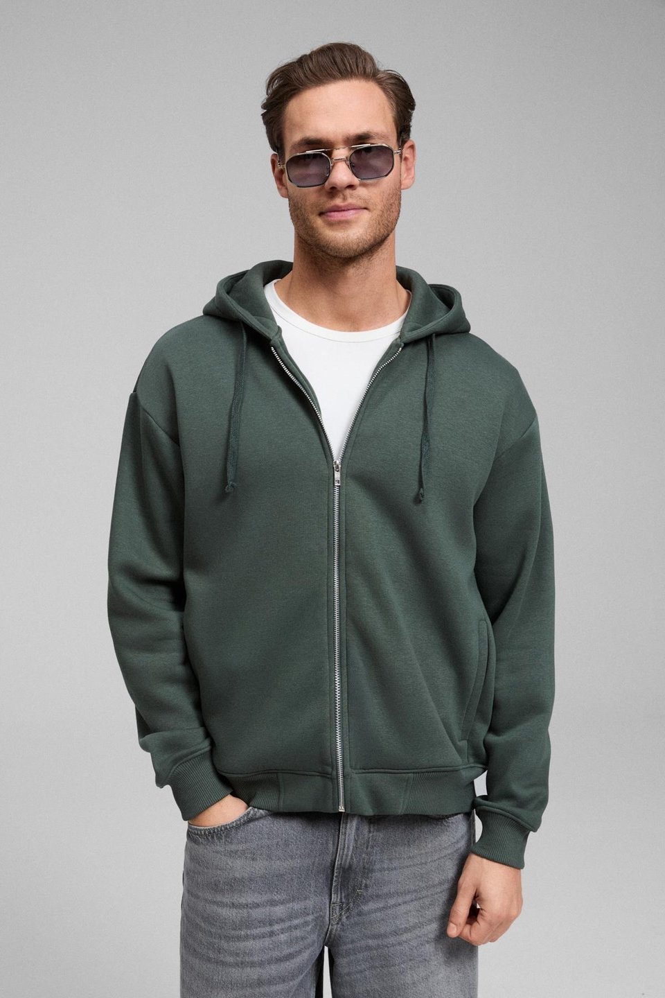 ASHBY Erkek Kapüşonlu Fermuarlı Cepli Kordonlu Boxy Kalıp Yeşil Sweatshirt