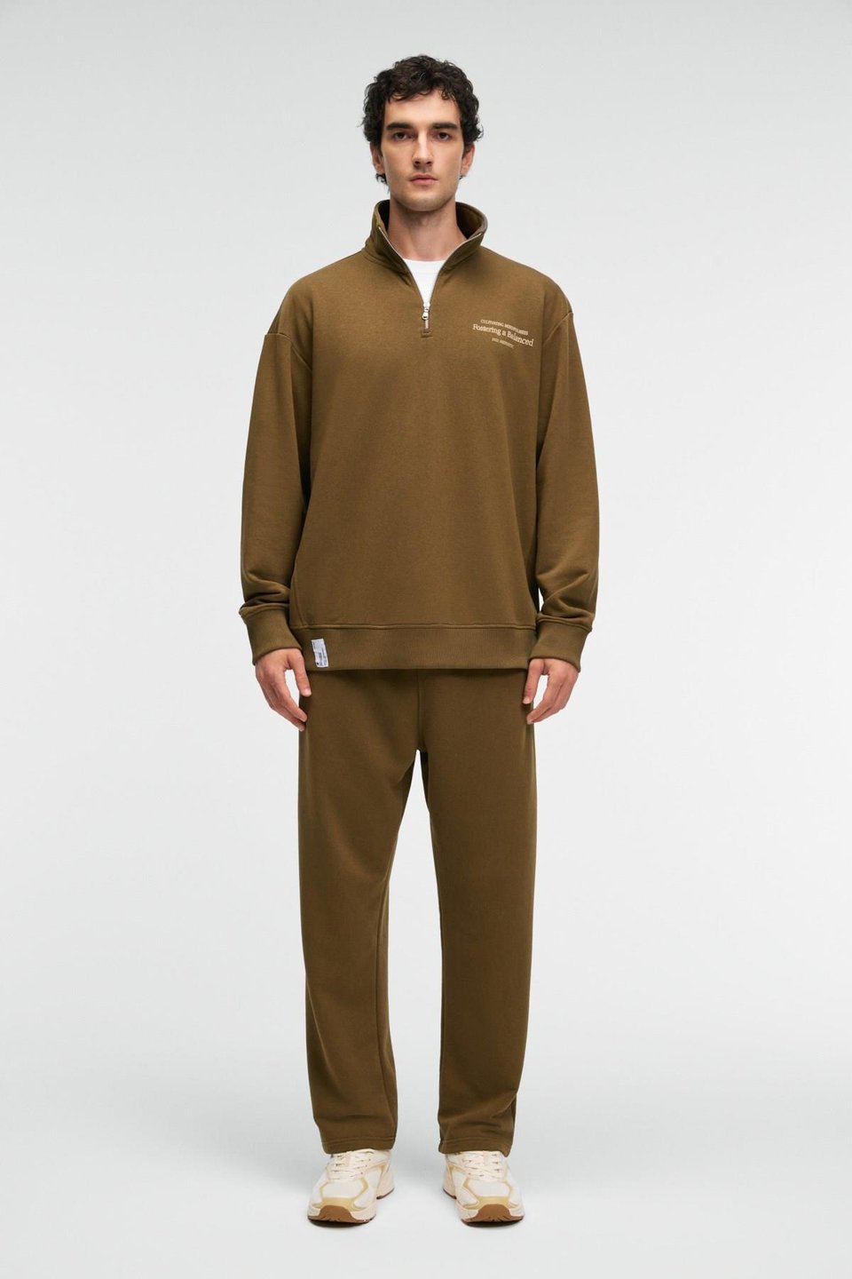 BRAM Erkek %100 Pamuk Dik Yakalı Yarım Fermuarlı Baskılı Haki Sweatshirt