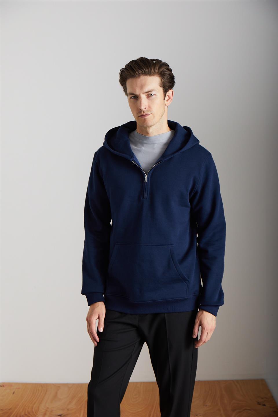 CANCELLED Erkek Pamuk Kapüşonlu Fermuarlı Yaka Lacivert Sweatshirt
