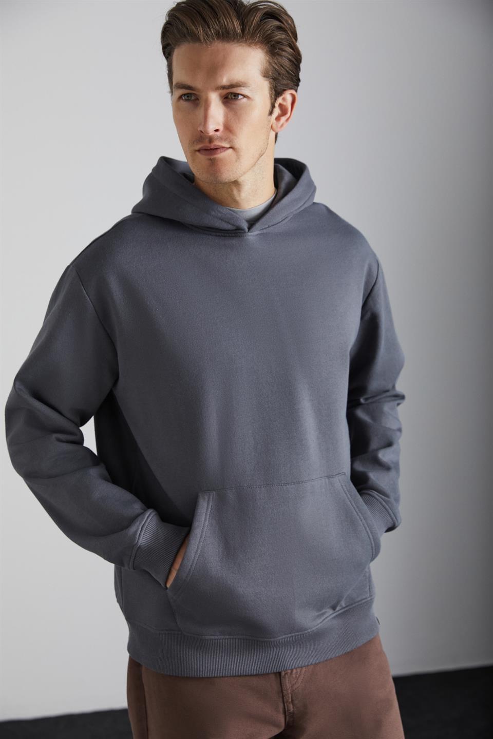 CARTMEL Erkek Örme 3 İplik Relaxed Fit Rahat Kalıp Kanguru Cepli Kapüşonlu Antrasit Sweatshirt