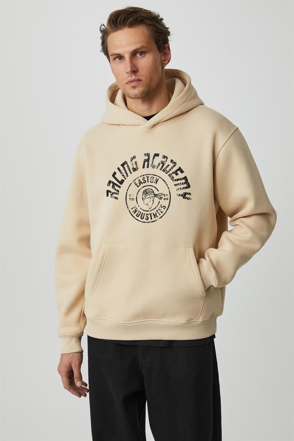 EDGAR Erkek Yumuşacık Kapüşonlu Oversize Bej Sweatshirt