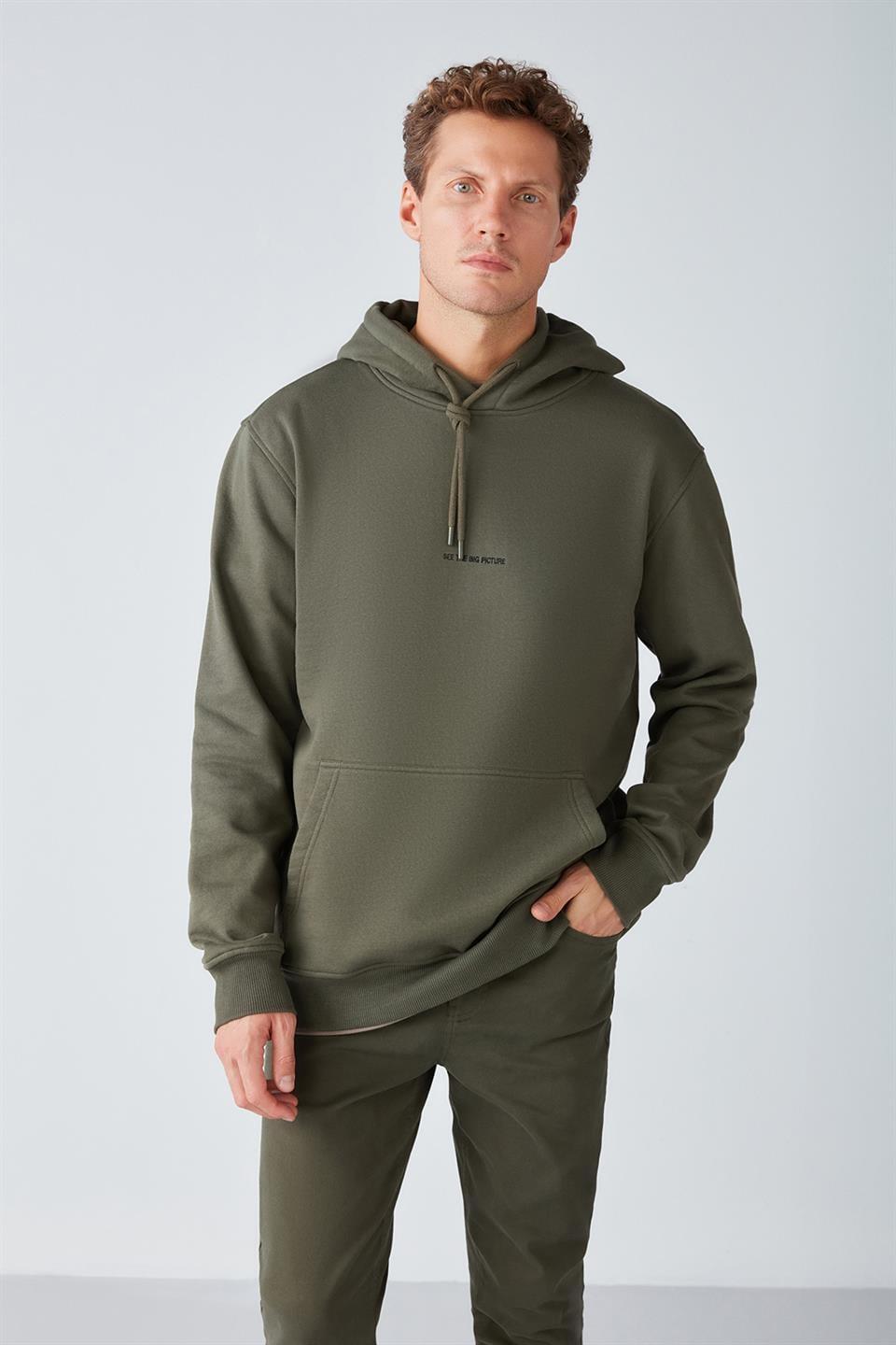 EPIC Erkek Yumusaçık Kumaşlı Nakış Detaylı Kapüşonlu Kordonlu Regular Haki Sweatshirt