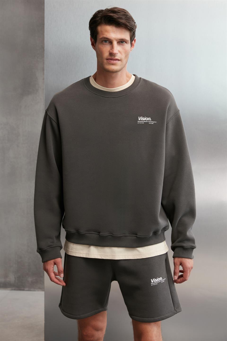 ERNEST Erkek Yumuşacık İçi Polarlı Baskı Detaylı Organik Pamuk Oversize Gri Sweatshirt