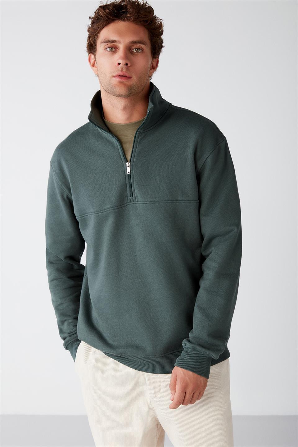 FRAME Erkek Yarım Fermuarlı Dik Yakalı Yumuşacık Kumaşlı Polarlı Regular Yeşil Sweatshirt