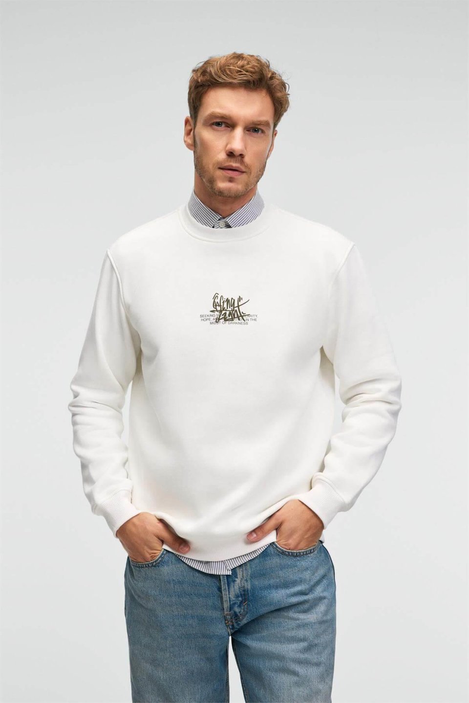 IRVING Erkek Yuvarlak Yaka Göğsü Ve Önü Regular Fit Ekru Sweatshirt