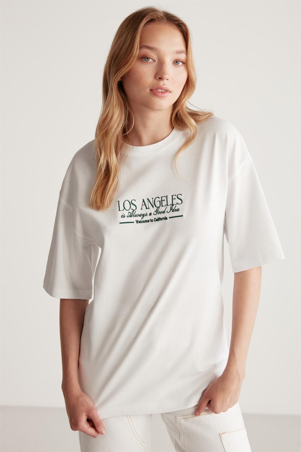 JANNA  Oversize Beyaz - Yeşil  T-Shirt