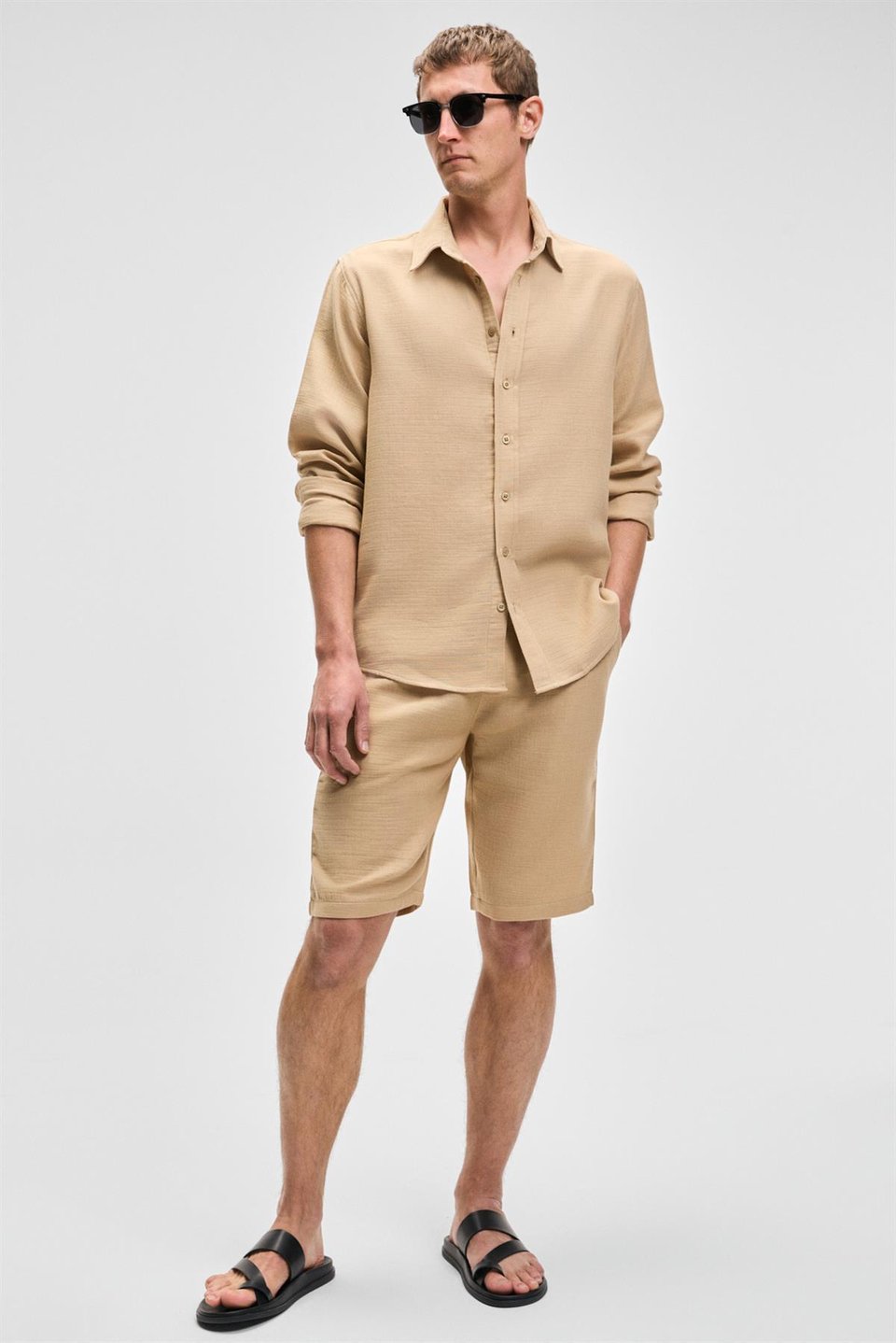 JENS Erkek %100 Pamuk Yanları Cepli Slim Fit Dar Kesim Bej Şort
