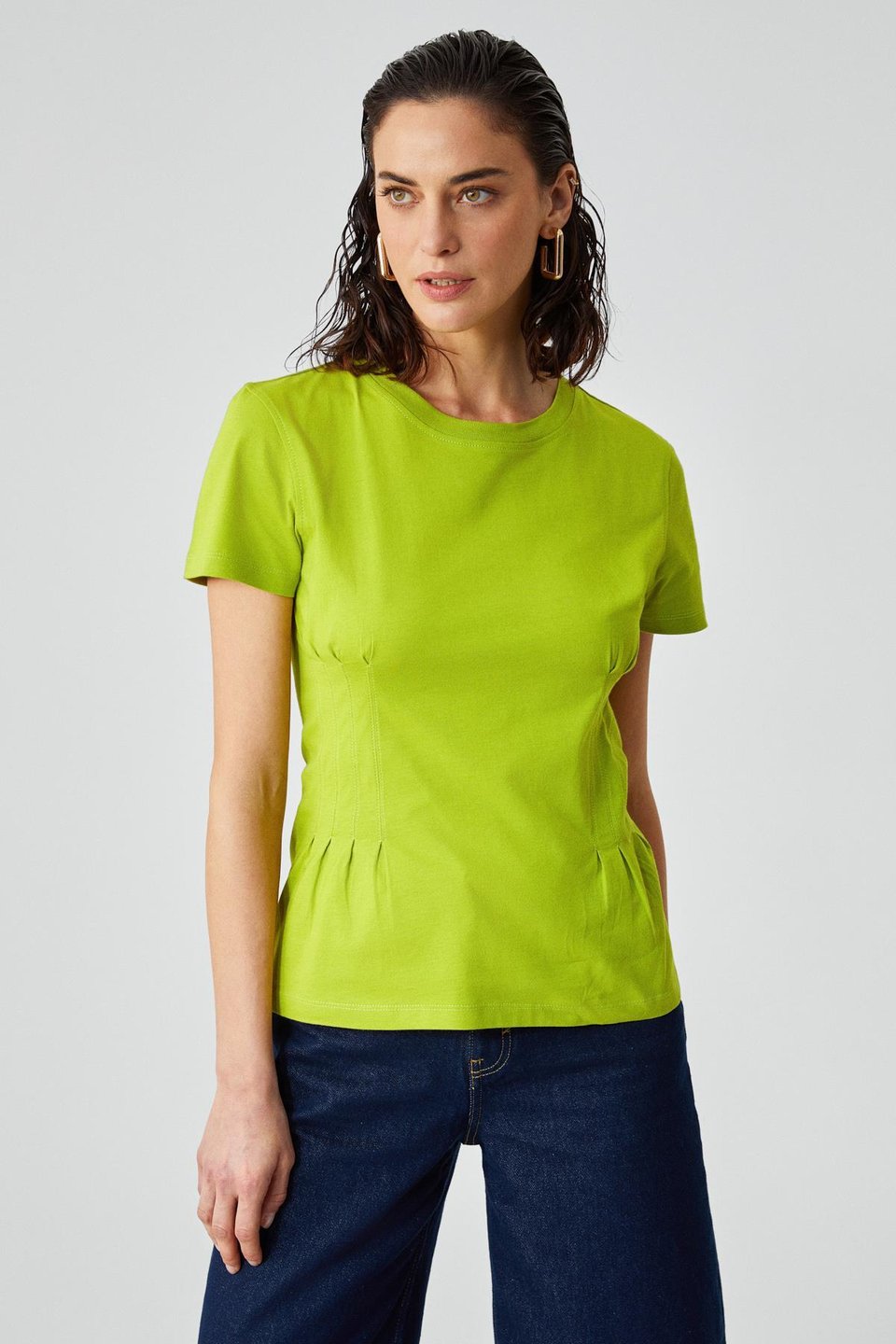 JESSIA Kadın Korse Detaylı %100 Organik Pamuk Bisiklet Yaka Yeşil T-Shirt