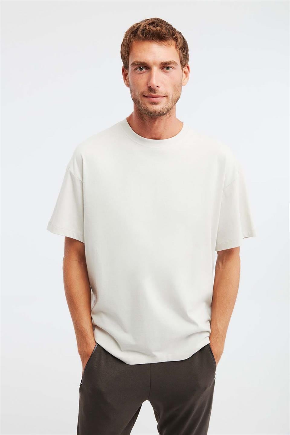 JETT Erkek %100 Organik Pamuklu Kalın Dokulu Oversize Fit Bisiklet Yaka Taş Rengi T-Shirt