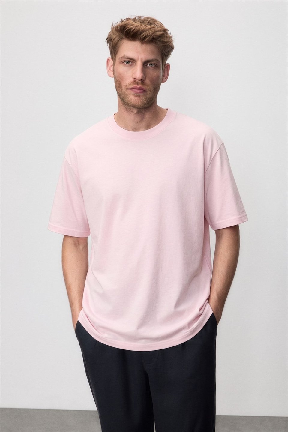 JETT Erkek Oversize Fit %100 Organik Pamuk Kalın Dokulu Bisiklet Yakalı Açık Pembe T-Shirt