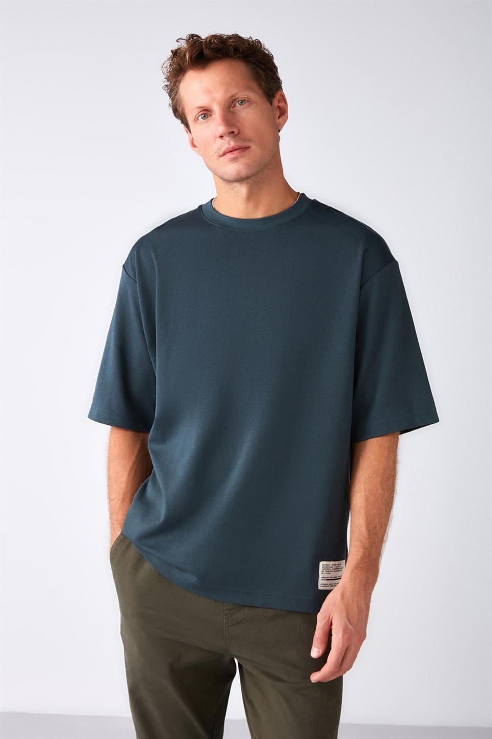 JOEL Erkek %100 Organik Pamuklu Kalın Kumaşlı Özel Dokulu Etiket Detaylı Oversize Yeşil T-Shirt