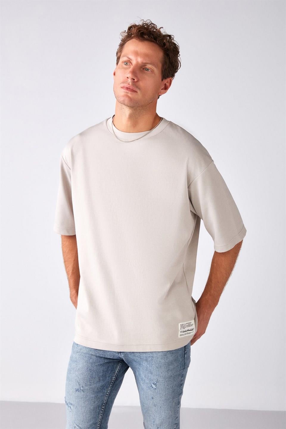 JOEL Erkek %100 Organik Pamuklu Kalın Kumaşlı Özel Dokulu Etiket Detaylı Oversize Taş Rengi T-Shirt