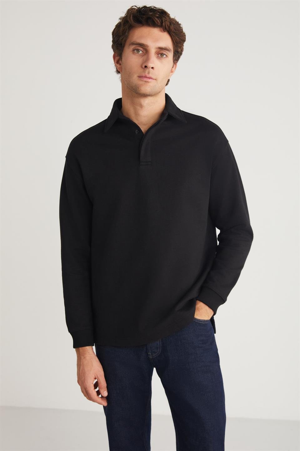 JOHN Erkek Polo Sweat Gömlek Yakalı Organik Pamuklu Yırtmaçlı İçi Polarsız Siyah Sweatshirt