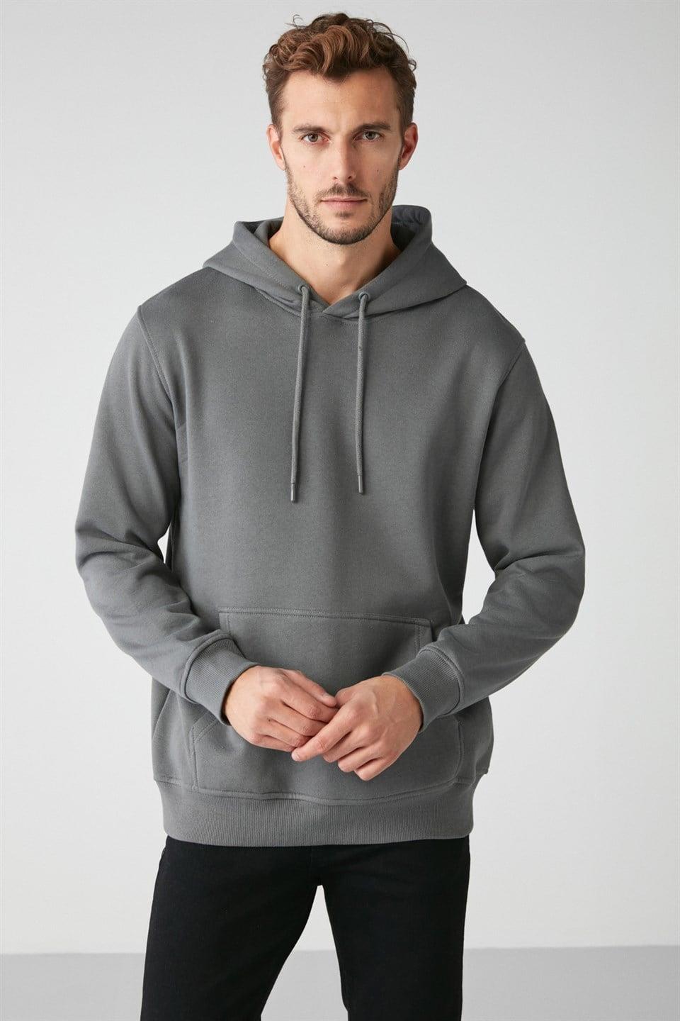 JORGE Erkek Yumuşacık Kapüşonlu Organik Pamuk Kanguru Cepli Regular Koyu Gri Sweatshirt