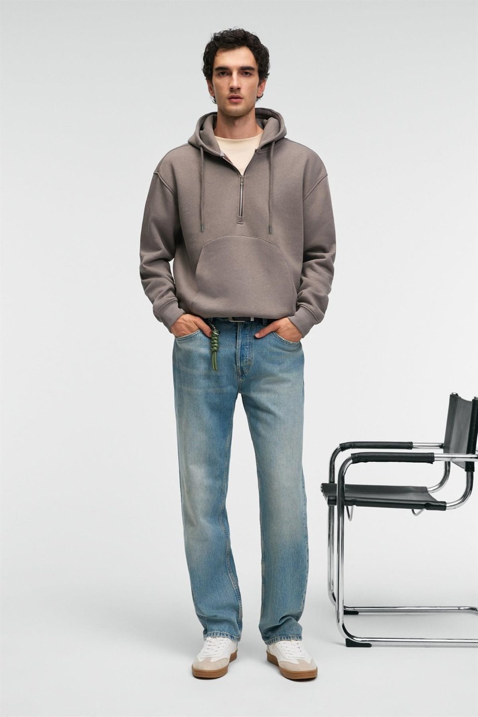 JUSTUS Erkek Kapüşonlu Kanguru Cepli Fermuar Yakalı Koyu Gri Sweatshirt