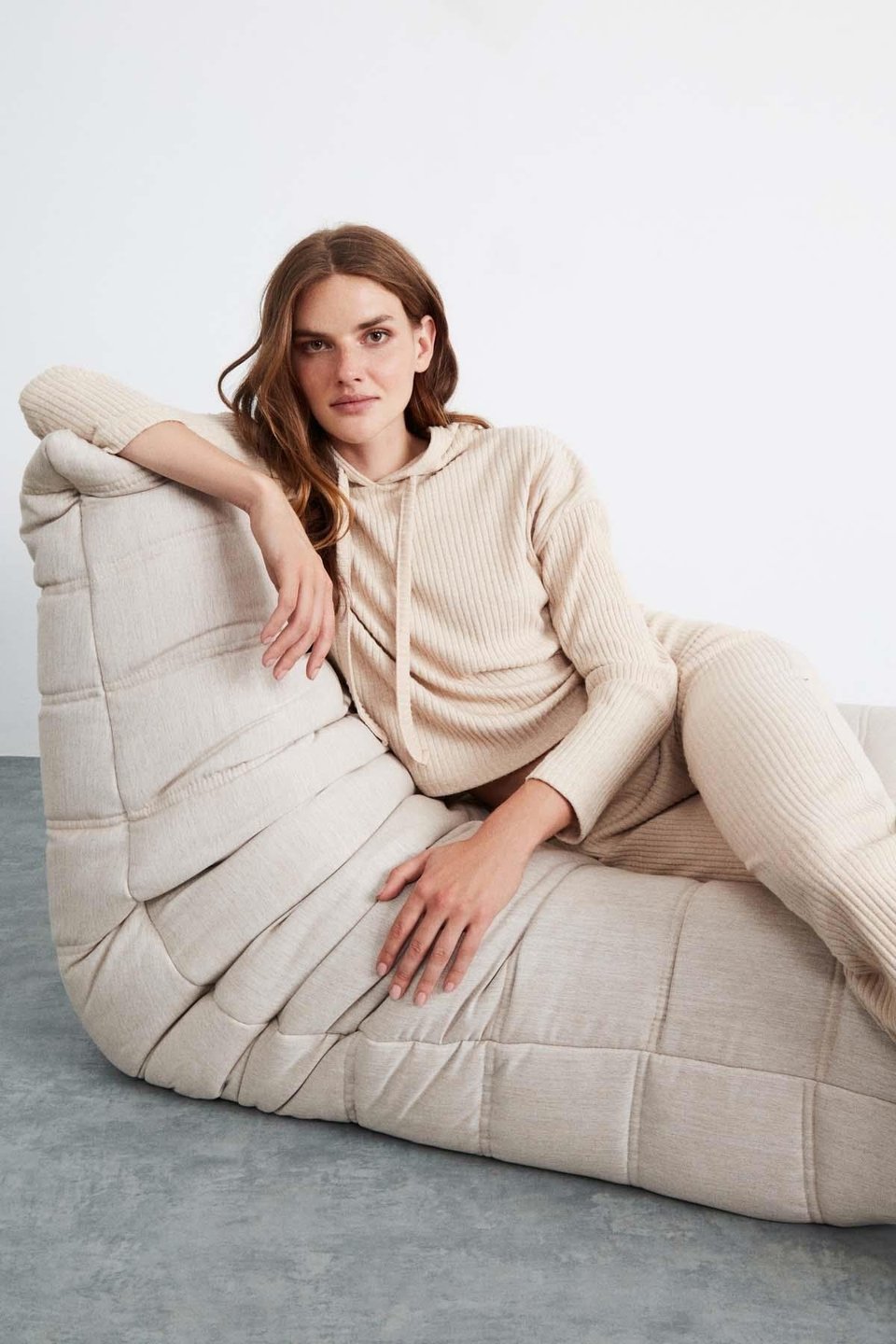 LAYLA Kadın Triko Görünümlü Kapüşonlu Ribana Bej Sweatshirt