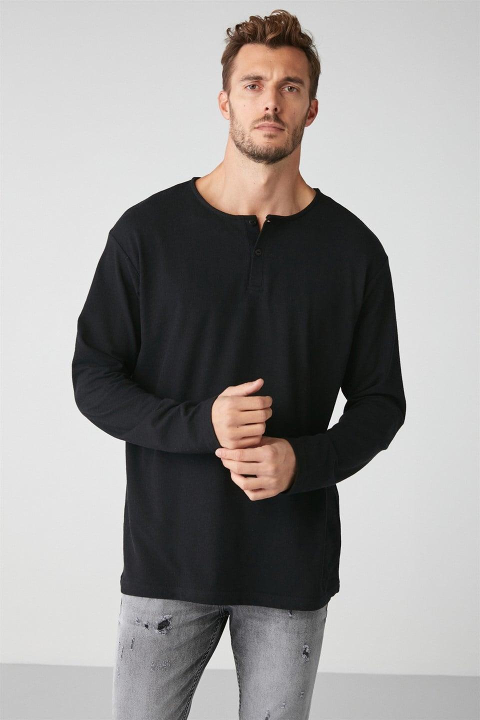 LORENZO Erkek Yaka Özel Dokulu Kumaşlı Regular Fit Siyah T-Shirt