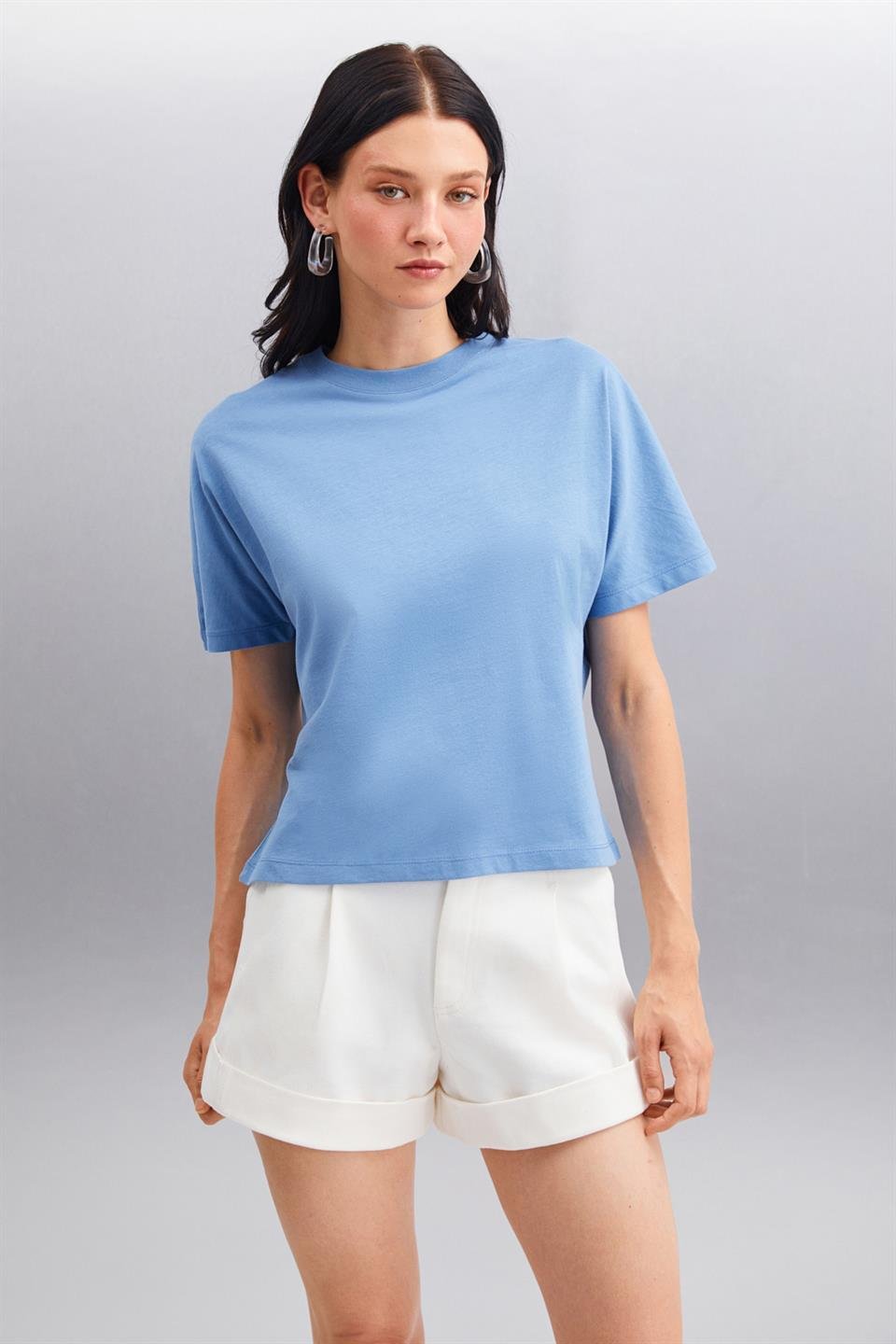 LOTTIE Kadın %100 Organik Pamuklu Regular Kalıp Bisiklet Yaka Basic Kısa Kollu İndigo T-Shirt
