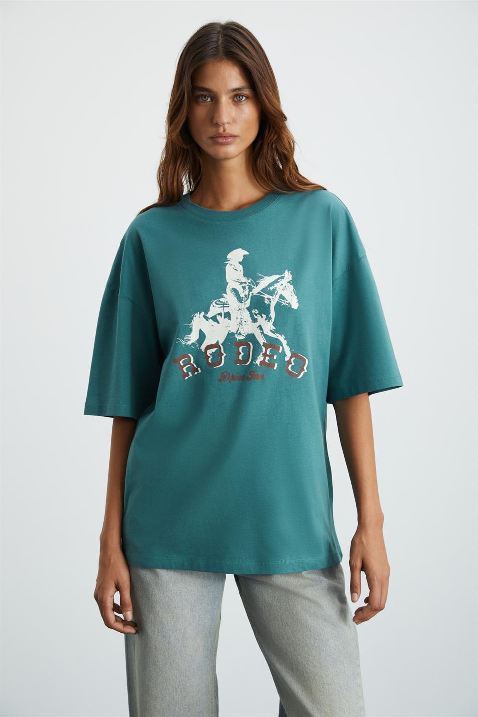 MAJER Kadın %100 Organik Pamuklu Western Tema Baskılı Regular Fit Yeşil T-Shirt