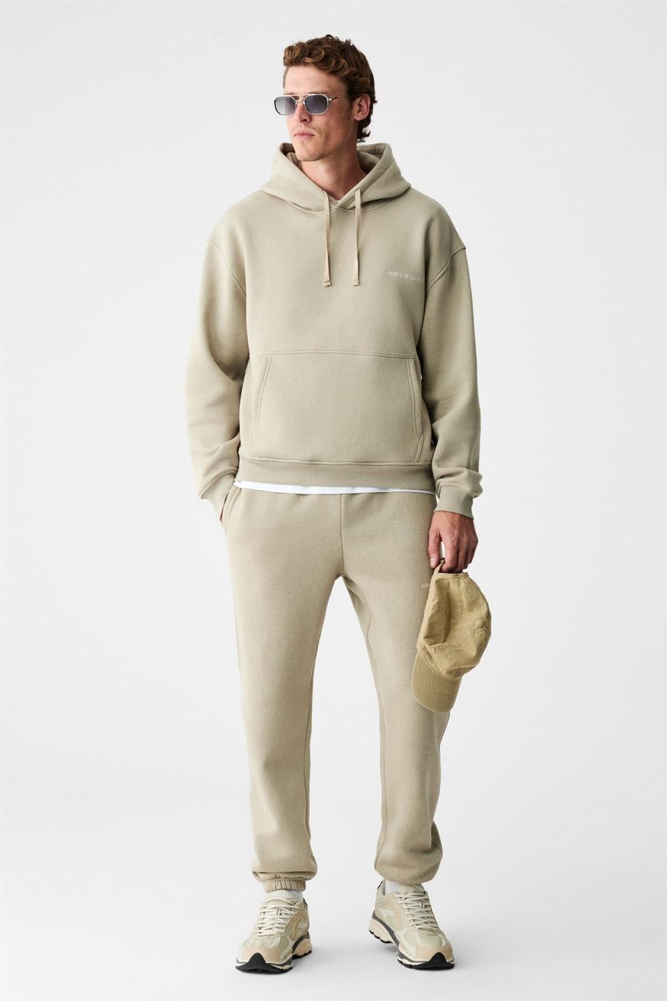 MARSHALLHOODIE Erkek Pamuklu İçi Polarlı Nakışlı Relaxed Taş Rengi Eşofman Takımı