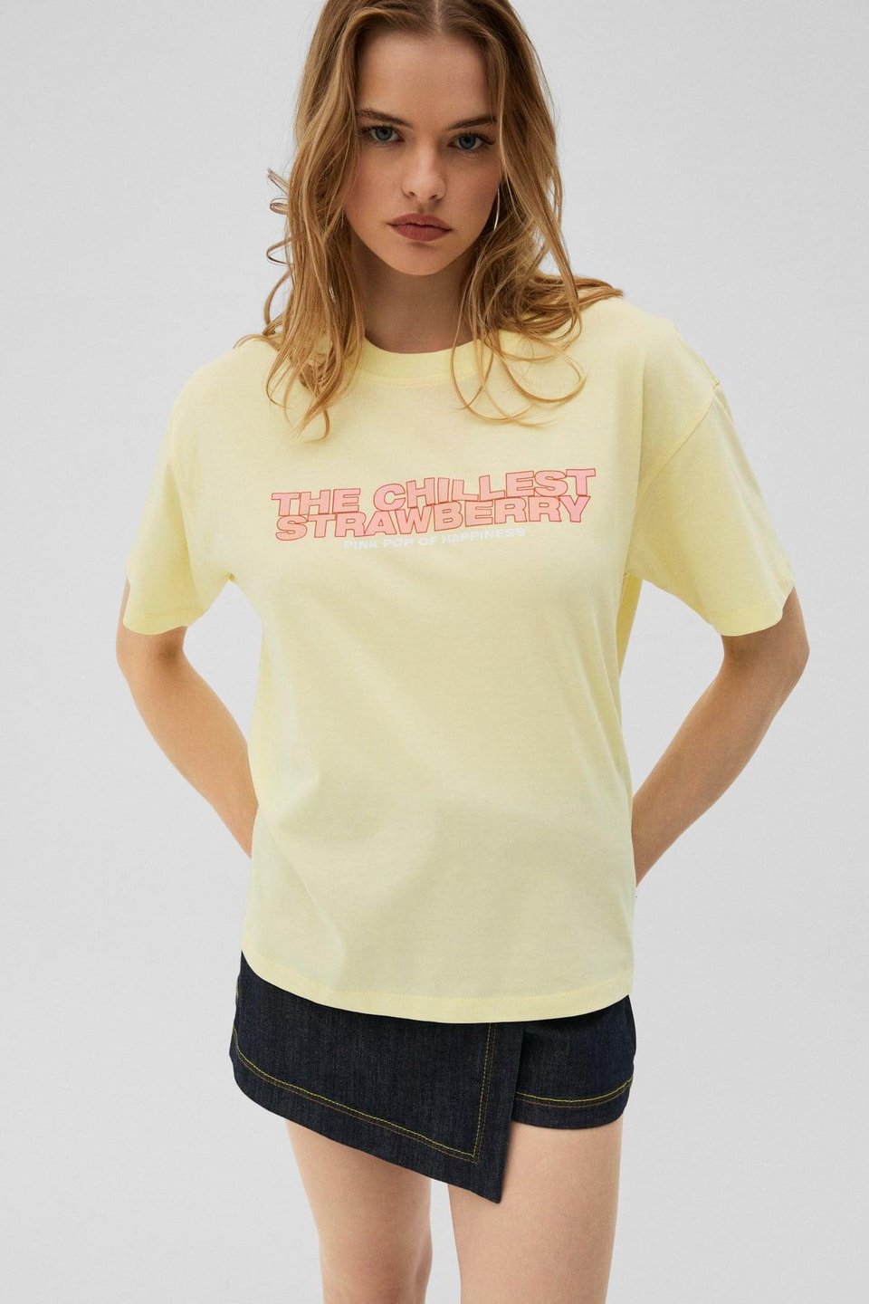 MOCHI Kadın %100 Organik Pamuklu Yuvarlak Yakalı Baskılı Sarı T-Shirt