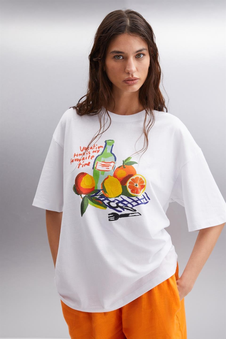 NITZA Kadın %100 Pamuk Oversize Bisiklet Yaka Beyaz T-Shirt