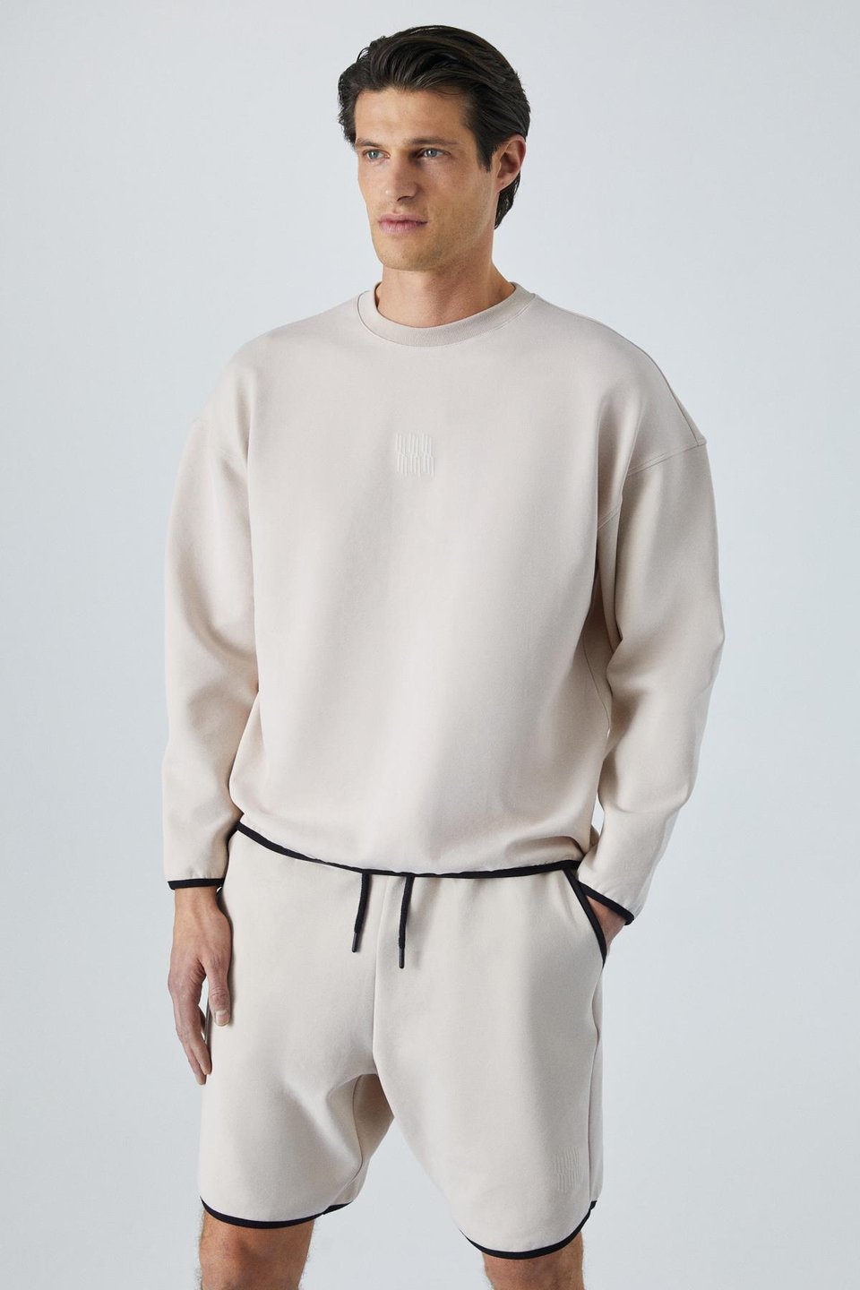 PLEMON Erkek Bisiklet Yaka Uzun Kol Baskı Detaylı Oversize Taş Rengi Sweatshirt