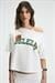 QALY Kadın Kayık Yaka Tek Omuz Kısa Kol Ön Ve Arka Baskı Detaylı Relaxed Ekru T-Shirt