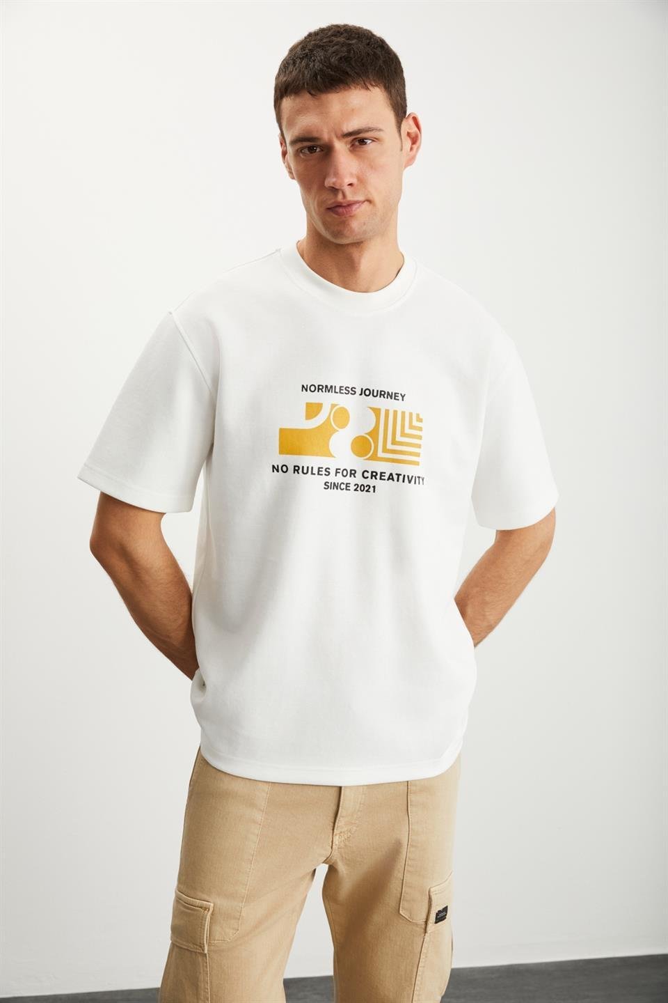 RAMADANP008 Erkek %100 Pamuk Baskılı Ekru T-Shirt