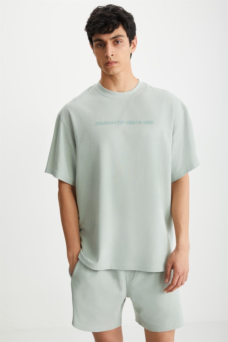 RAMADANP011 Erkek 100% Pamuk Waffle Baskılı Mint Yeşil T-Shirt