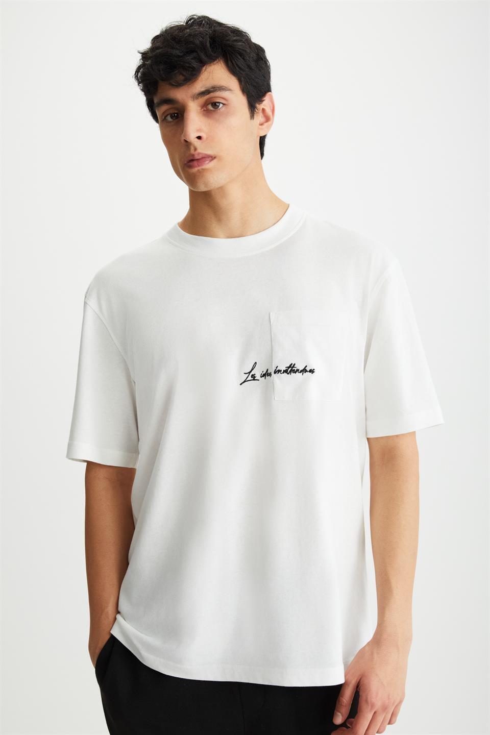 RAMADANP013 Erkek %100Pamuk Bisiklet Yaka Baskılı Ekru T-Shirt