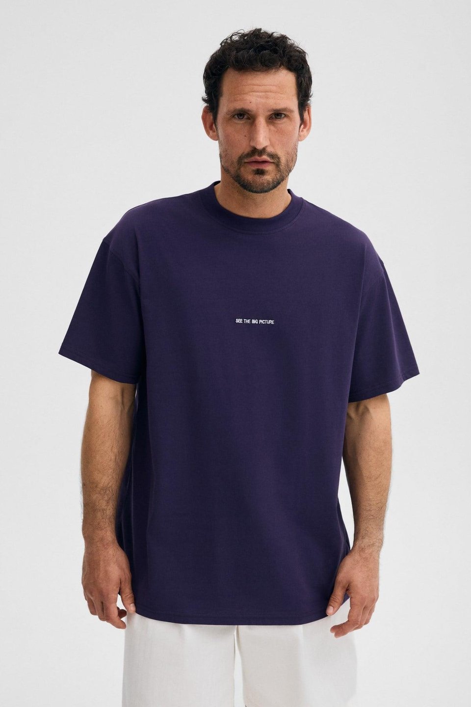 RIVER Erkek Oversize Fit Bol Kesim Nakış İşlemeli Basic Örme Koyu Mor T-Shirt