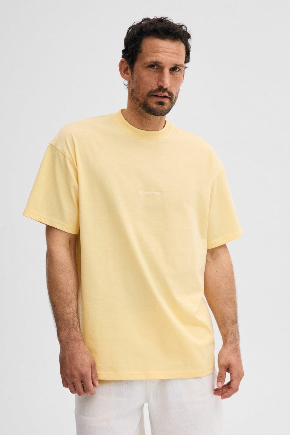 RIVER Erkek Oversize Fit Bol Kesim Nakış İşlemeli Basic Örme Açık Sarı T-Shirt