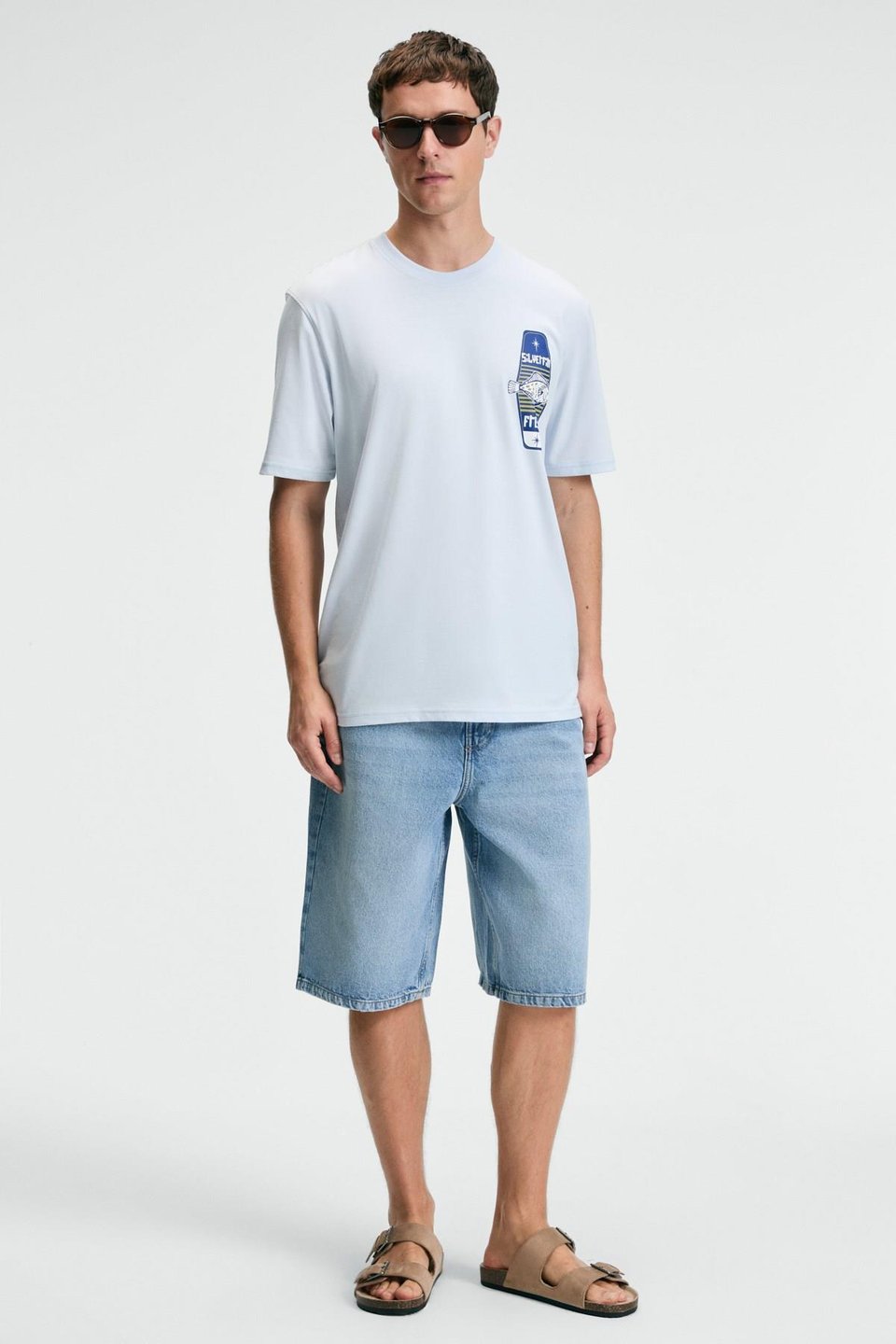 SAVOR Erkek Oversize %100 Pamuk Baskılı Yuvarlak Yaka Mavi T-Shirt