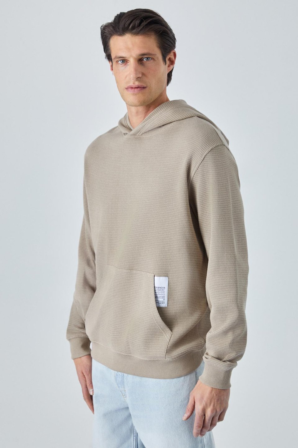 SUSTAINY Erkek Oversize Kapüşonlu Uzun Kollu Vizon Sweatshirt
