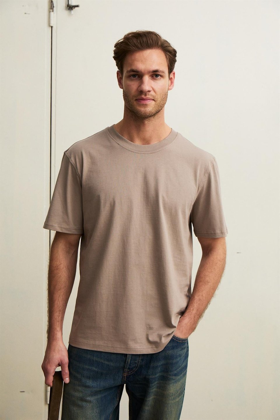Solo Erkek %100 Organik Pamuklu Kalın Dokulu Comfort Fit Bisiklet Yakalı Vizon T-Shirt