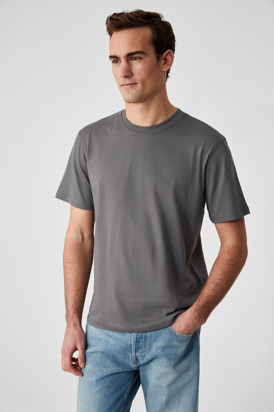 Solo Erkek %100 Organik Pamuklu Kalın Dokulu Comfort Fit Bisiklet Yakalı Gri T-Shirt