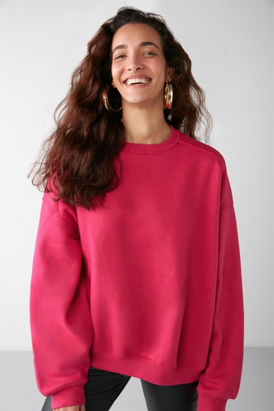VANELTINA Kadın İçi Polarlı 3 İplik Organik Pamuk Oversize Basic Bisiklet Yaka Pembe Sweatshirt