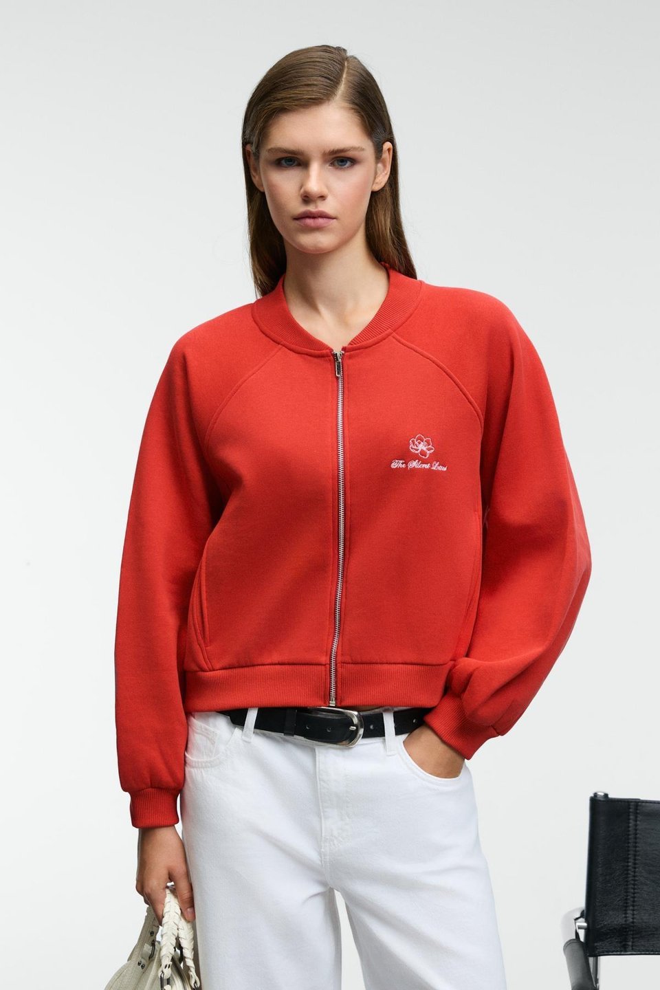 YASVELL Kadın Metal Fermuarlı Çift Cepli Nakış Detaylı Balon Kollu Bomber Kırmızı Sweatshirt