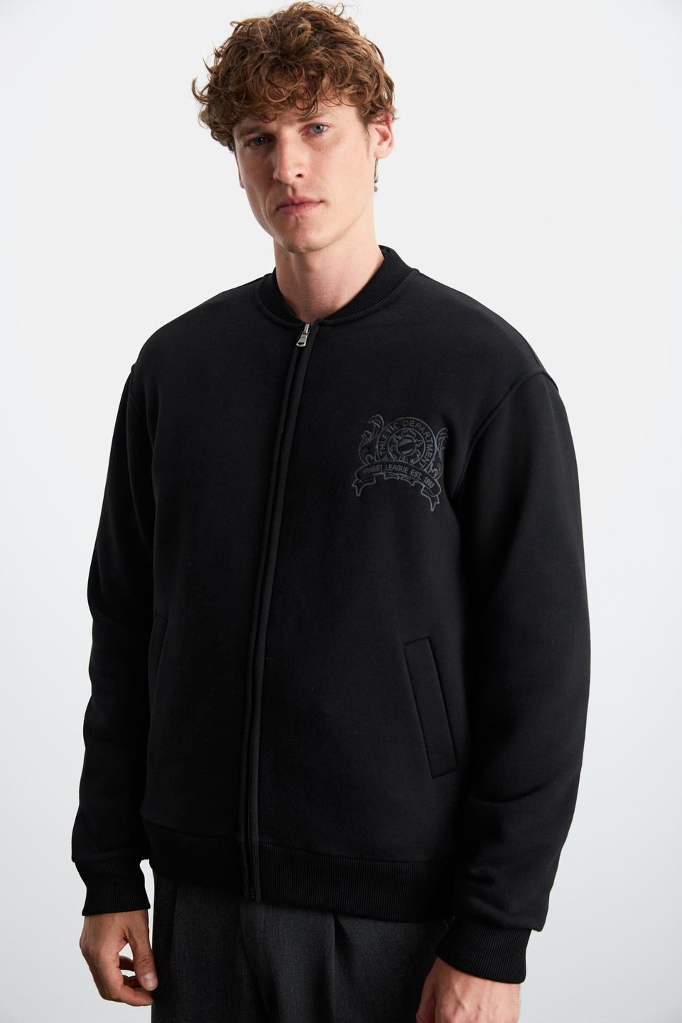 BURENIA Erkek Orgnaik Pamuklu Polarlı Kalın Kumaşlı Nakışlı Cepli Fermuarlı Bomber Siyah Ceket