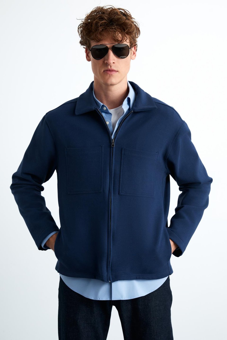 CALPE Erkek Skuba İnterlok Kumaşlı Organik Pamuklu Fermuarlı Cepli Şık Gömlek Tipi Lacivert Ceket