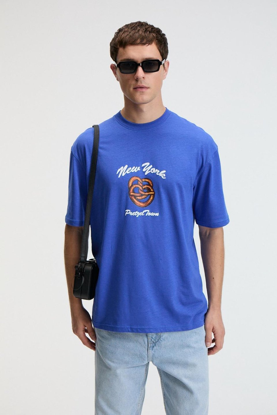 CRISP Erkek Oversize %100 Pamuk Baskılı Yuvarlak Yaka Saks Mavi T-Shirt