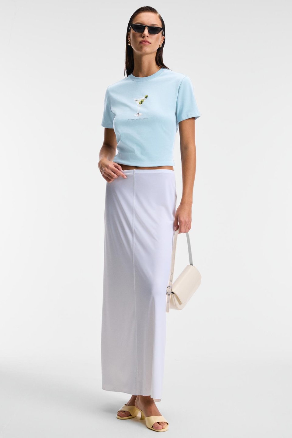 IVONNE Kadın Cocktail Baskı Desenli Kısa Kollu Organik Pamuklu Bisiklet Yaka Crop Mavi T-Shirt