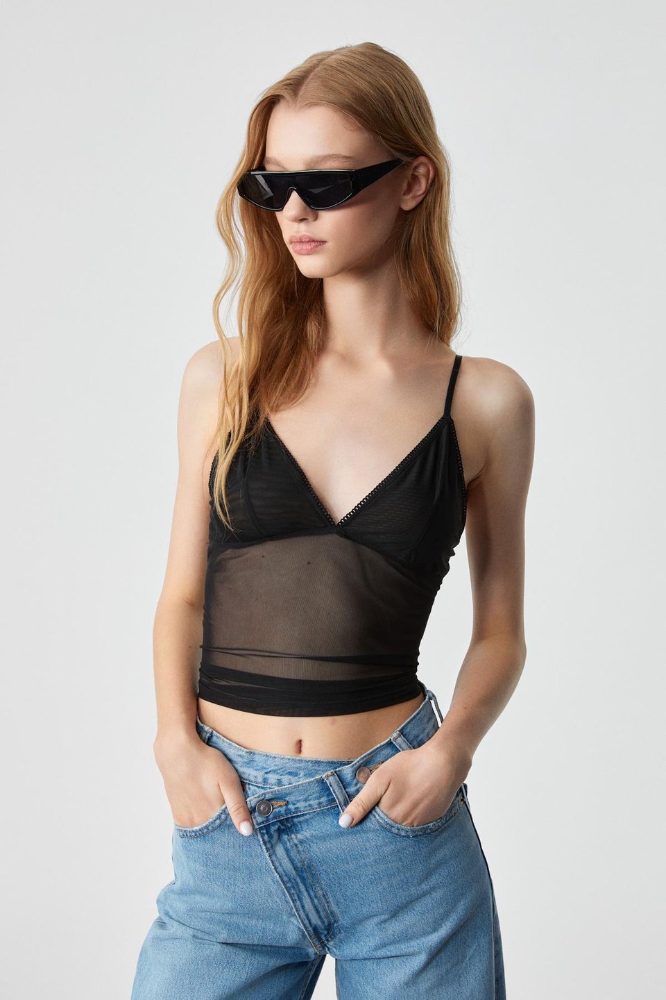 LILLEAN Kadın Kruvaze Yaka Slim İnce Tül Siyah Bluz